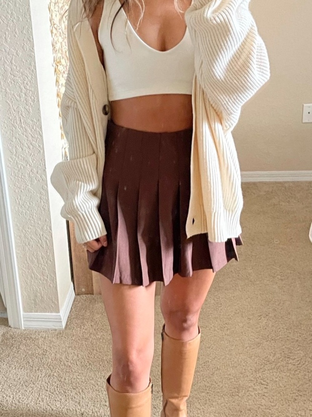 H&M Brown Pleated Skater Mini Skirt